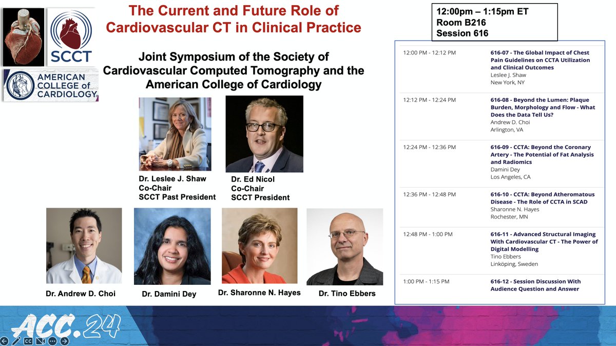 The Current and Future of #YesCCT in Clinical Practice Joint @Heart_SCCT @ACCinTouch Session Today (Sat 6) #ACC24 | Room B216, 12:00pm Join us for an outstanding session with #thebest!! -Guidelines -#Plaque & Flow, #AI/ML -Fat and Radiomics -#SCAD -Advanced Structural Please