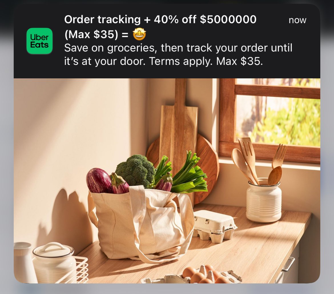 otj008's tweet photo. Wow thanks @UberEats !! Can't wait to order $5 Million worth of groceries :) https://t.co/xu2vZL1Xd4