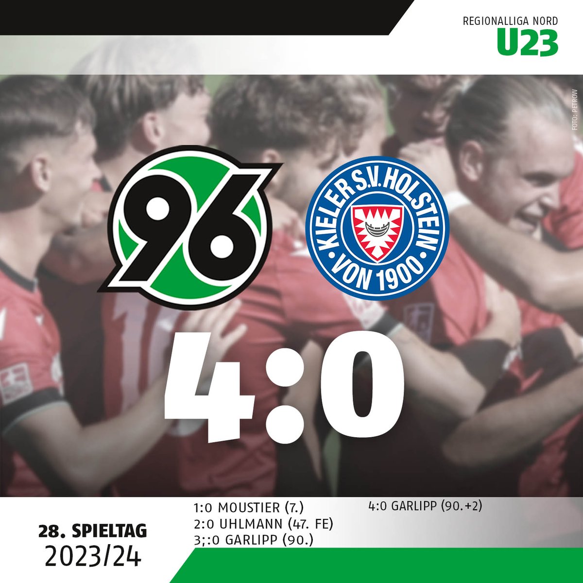 Unsere #96U23 siegt gegen @holsteinkiel. Glückwunsch, Männer, zu wichtigen Punkten im Kampf um die Meisterschaft! ⚽️⚽️⚽️ #H96 #96Akademie #NiemalsAllein ⚫️⚪️💚