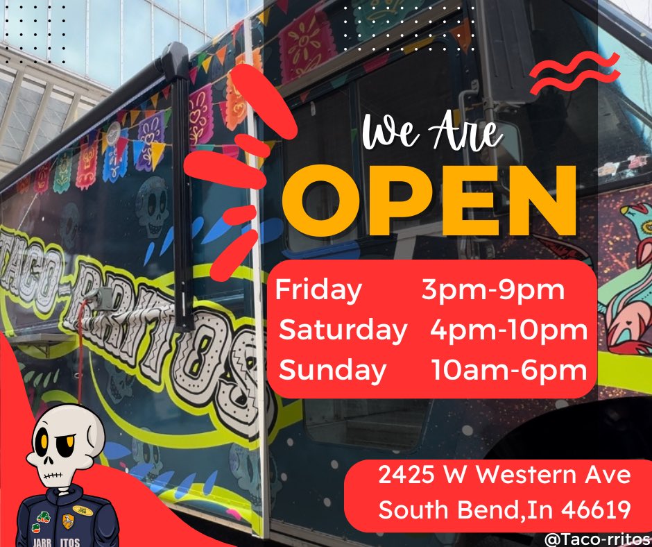 Open 3 days a week 
!Come check us out ! 
📍Located in South Bend,IN
Voted Best 🌮🛻
.
.
.
.
#Foodies #taco #tacotruck #FoodForThought  #Newhours #NewLocation @SBTribune  @NotreDame @Jarritos @opensea