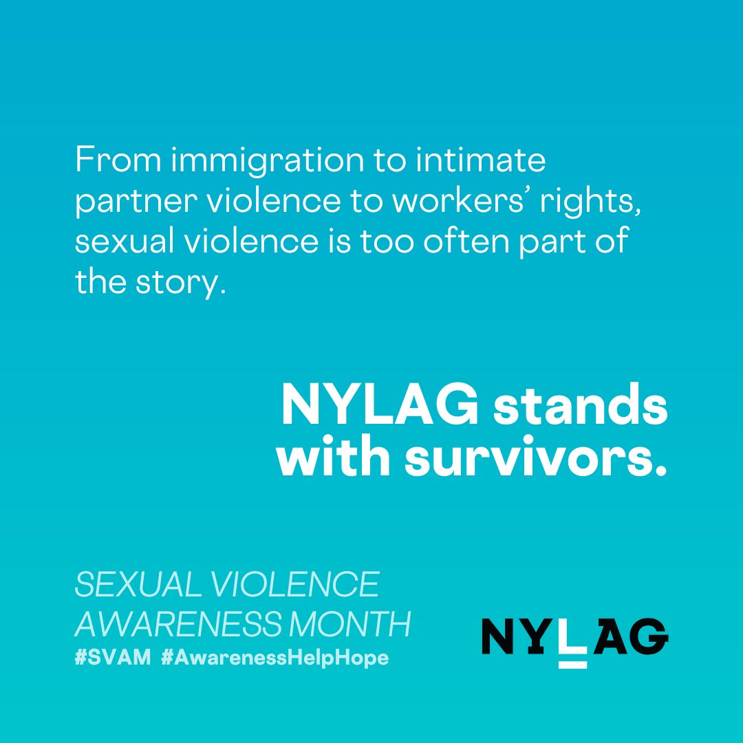 Reactions to trauma, the need to escape the danger of sexual violence, and other related matters can all lead to a range of issues requiring legal assistance.

#SVAM and every month, today and every day, NYLAG stands with survivors 💙 #AwarenessHelpHope nylag.org/sexual-violenc…