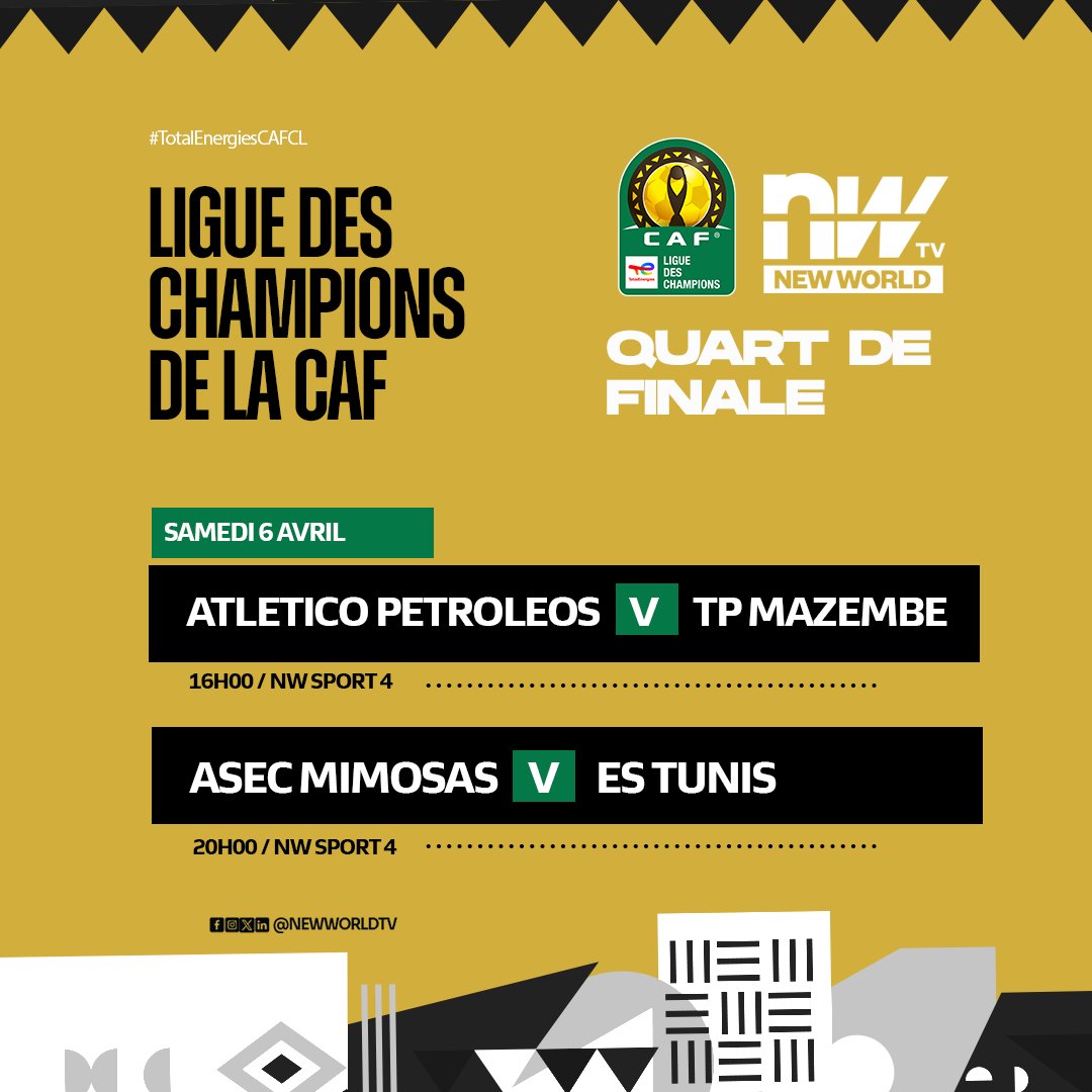 New_World_Sport's tweet image. #LDCCAF 

Suite et fin des quarts de finale retour de la Ligue des champions de la CAF ce samedi.
Encore deux places à valider pour les demi-finales après les qualifications de Mamelodi Sundowns et d'Al Ahly hier.

Lesquelles des quatres équipes iront en demi-finale selon vous?