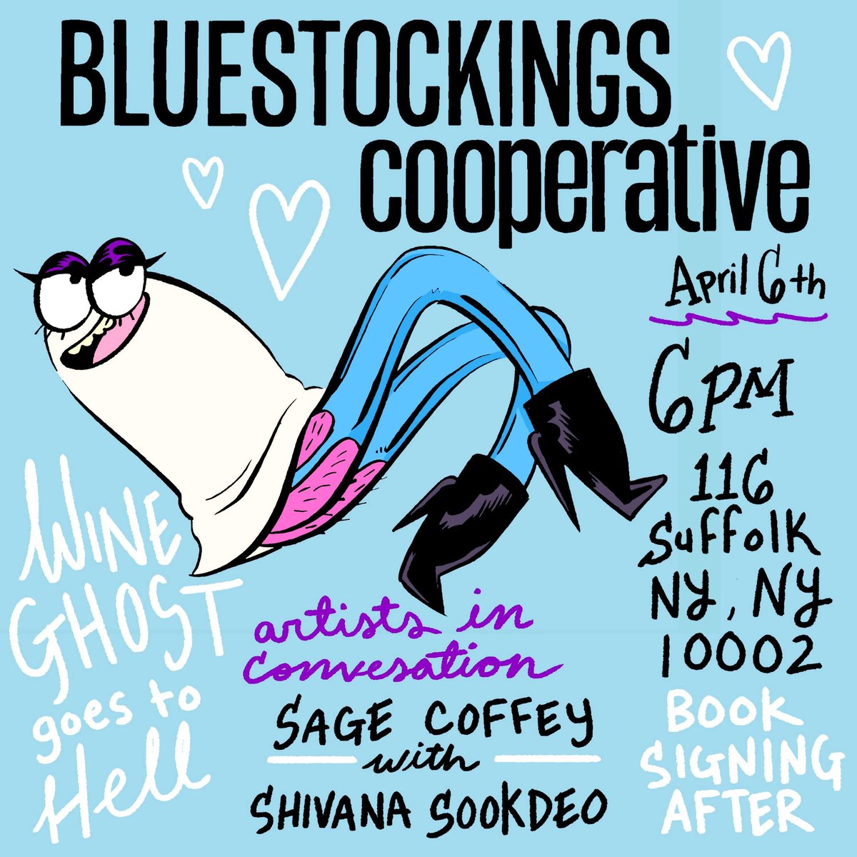 TONIGHT TONIGHT! To celebrate the release of Wine Ghost Goes to Hell, @heyshivana and I will be doing an Artists-in-Conversation at @bluestockings at 6pm! I'll be signing copies after too. ;^) https://www.eventbrite.coim/o/bluestockings-bookstore-19793422824 @ironcircuscomix