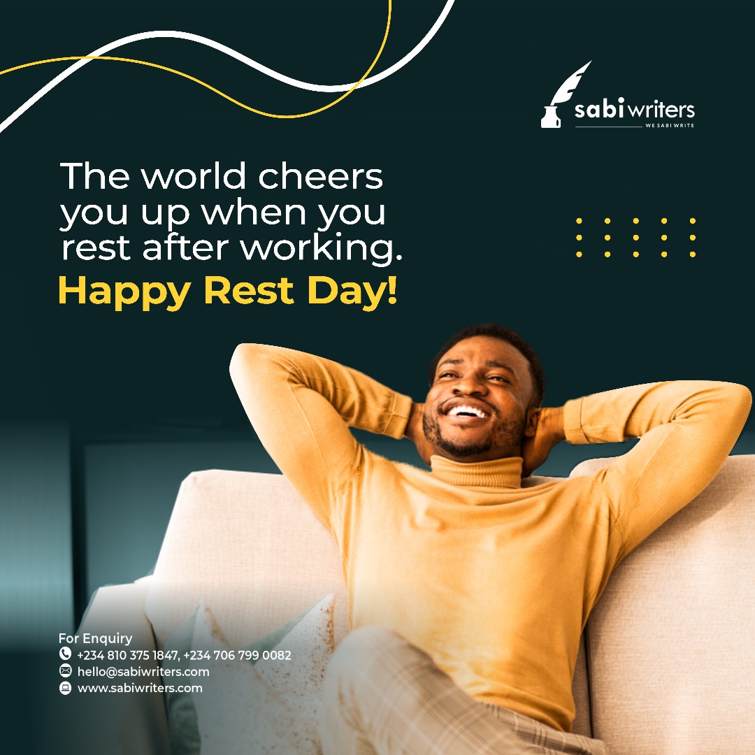 sabiwriters's tweet photo. Rest is very important but it only makes sense if it comes after work.
Have a happy rest day!
#sabiwriters #wesabiwrite #contencreationcompany #weekendmood #restday #workandrest https://t.co/Wvvtd614zU