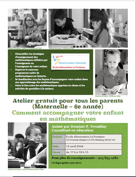 Vous êtes cordialement invité à assister à un atelier le 12 avril à 17h00 offert par Dominic Tremblay en lien direct avec les nouvelles initiatives du ministère de l’Éducation en mathématiques.
Nous vous attendons en grand nombre :)
