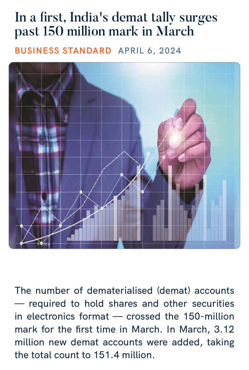 In a first, India's demat tally surges past 150 million mark in March business-standard.com/markets/news/i…