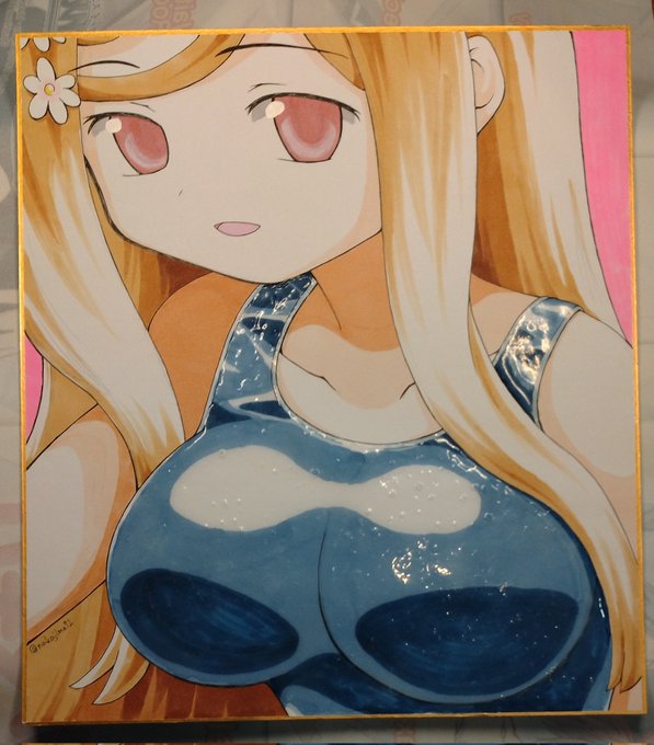 【4/7京都もう恐 頒布物③】アレクサンドラ水着色紙
木工ボンドを塗って水着の濡れ感を演出してみました。(ボンド塗りは別のイラスト色紙で試して3年経過→変質・変色・はがれなど無し。普通のイラスト色紙と同様の保存で問題ないと思います) 