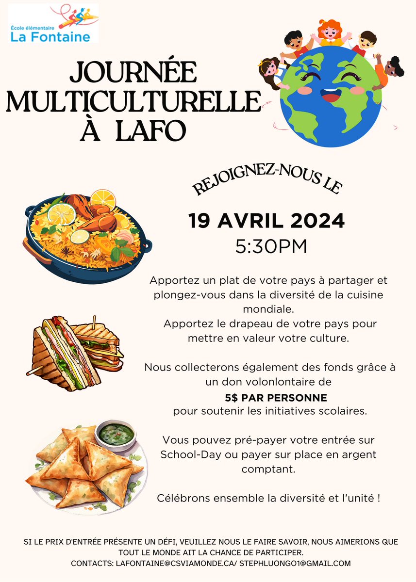 Le conseil d’école organise une journée multiculturelle le 19 avril 2024 à 5h30 PM. Vous êtes les bienvenus à venir passer un moment agréable avec notre communauté et partager un plat et des traditions culturelles.
Nous vous attendons en grand nombre 📷