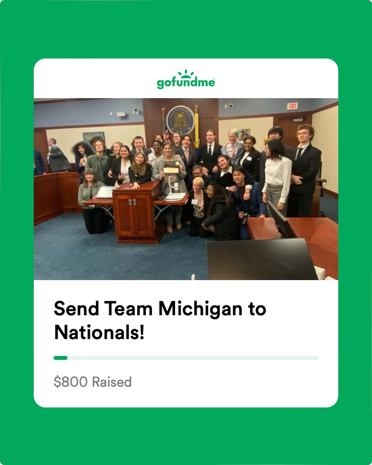 gofundme.com/f/send-team-mi…

My kid and their high school Mock Trial team are MI State Camps! To get the entire team to Nationals (May 1 in DE), they need to raise $15k. If you have the money, please donate so this amazing, diverse, fun, hardworking team can legally kick butts!