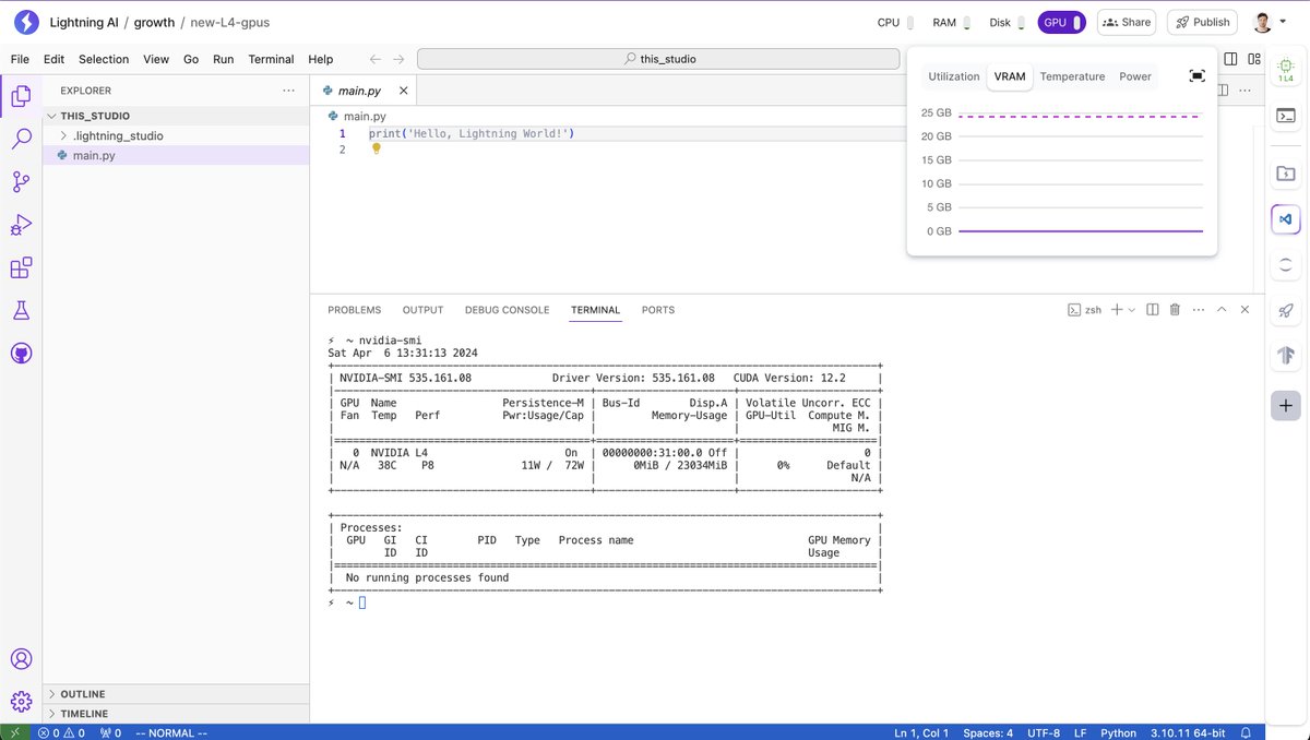 Weekend treat - L4 GPUs are now available on Studios 🔥🔥

- $0.88 per hour 
- 17 free hours per month 🤯
- choose 1 or 4 L4 GPUs ⚡⚡⚡⚡
- 1/2 the price of A10G 🤑
- 24 GB RAM
- free persistent storage included

lightning.ai