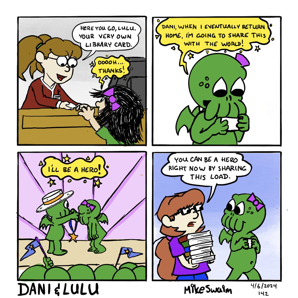 Hero

Nothing particular to say other than support your local libraries.

#daniandlulucomic #monster #comic #webcomics #books  #librarycard #library #hero