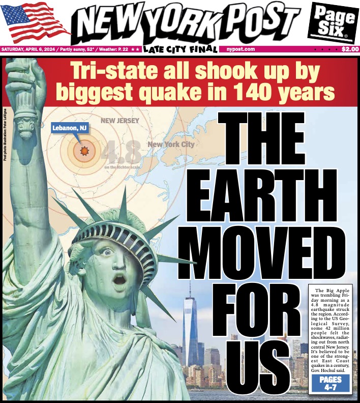 Today's Cover: NYC and tri-state rocked by biggest area earthquake since 1884, sending terrified residents into the streets trib.al/gMNtZHX