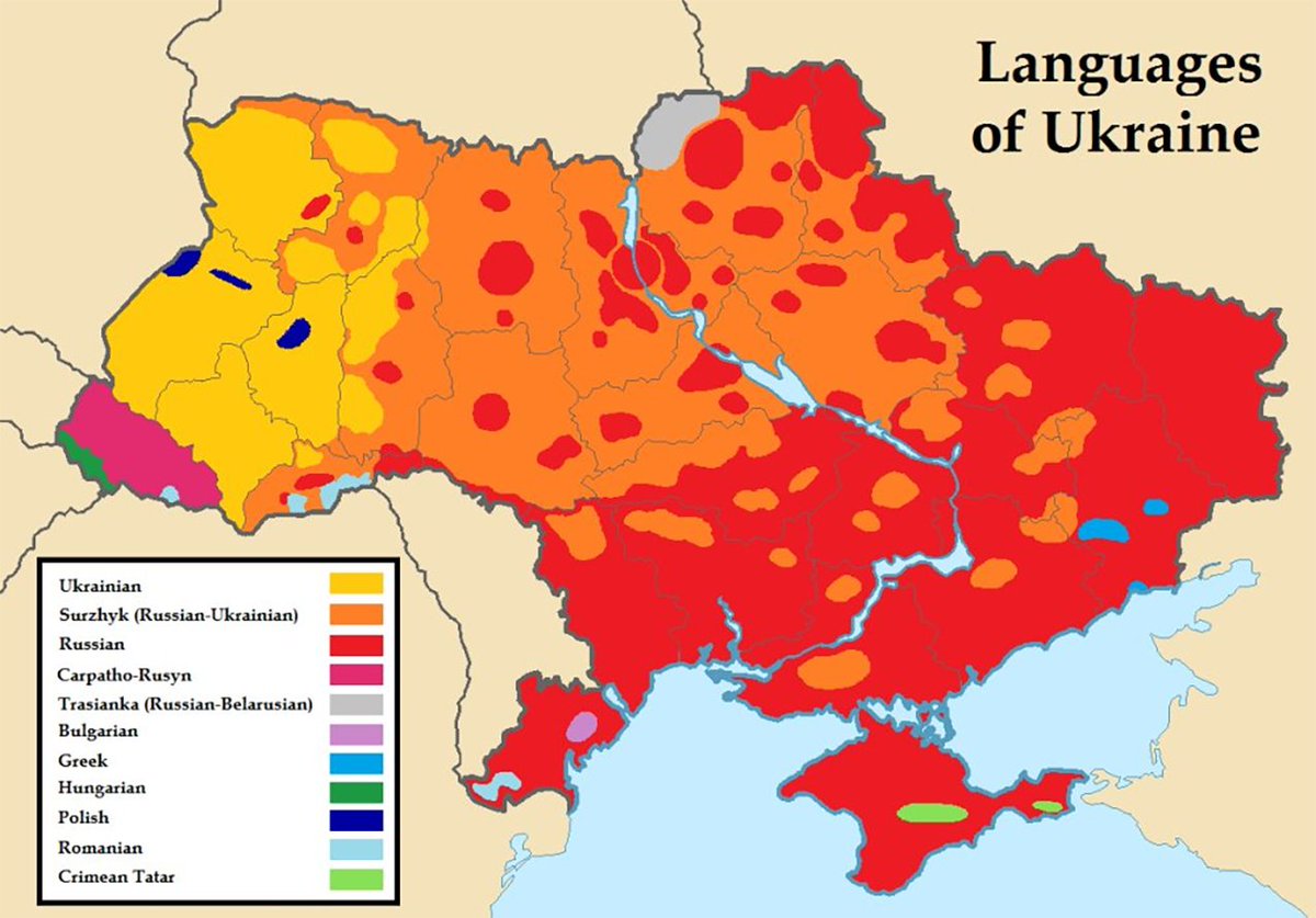 @vicktop55 The reality of Ukraine is best illustrated by this map of languages- which I keep posting everywhere. That's hard data. It shows a small 20% minority, calling itself «Ukrainian», exerting its ugly dictatorship on the rest of the population.