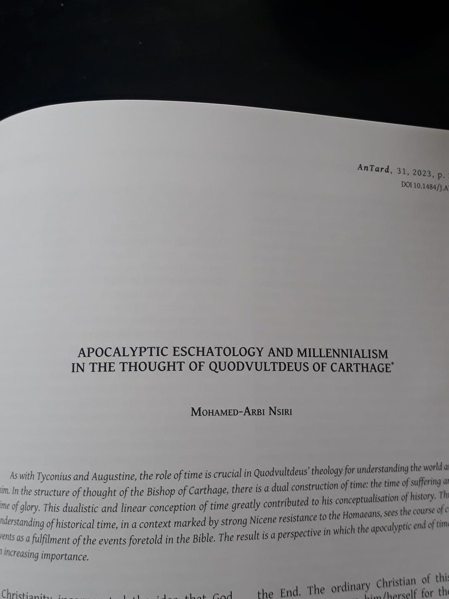 Pleased to share that my article 'Apocalyptic eschatology and millennialism in the thought of #Quodvultdeus of Carthage' has been published in 'Antiquité Tardive' (N° 31, 2023). #LateAntiquity