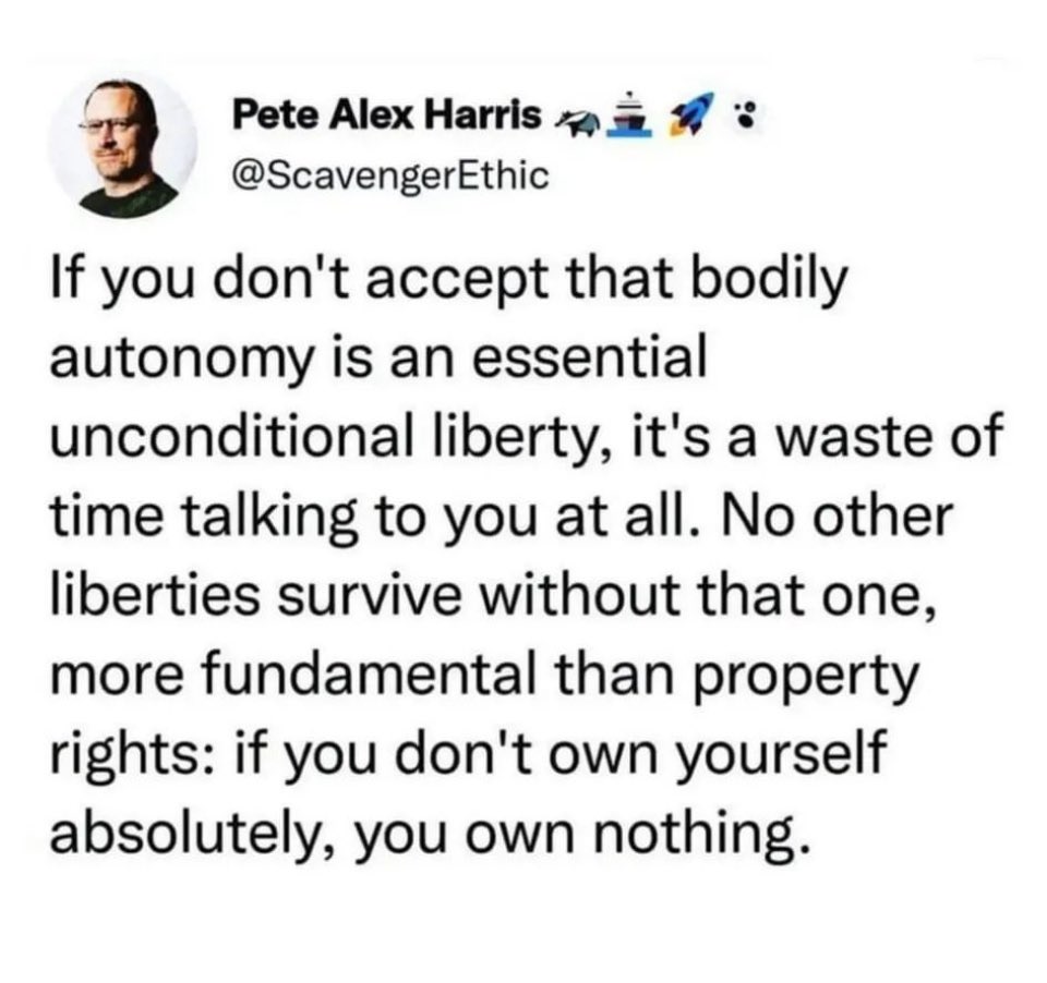 100% this. Sadly, additional issues extending beyond bodily autonomy are so deeply rooted in religious & political ideologies that those supporting them cannot see this as restrictive to their own personal liberties & abhorrently beneficial to those working to subjugate all of us