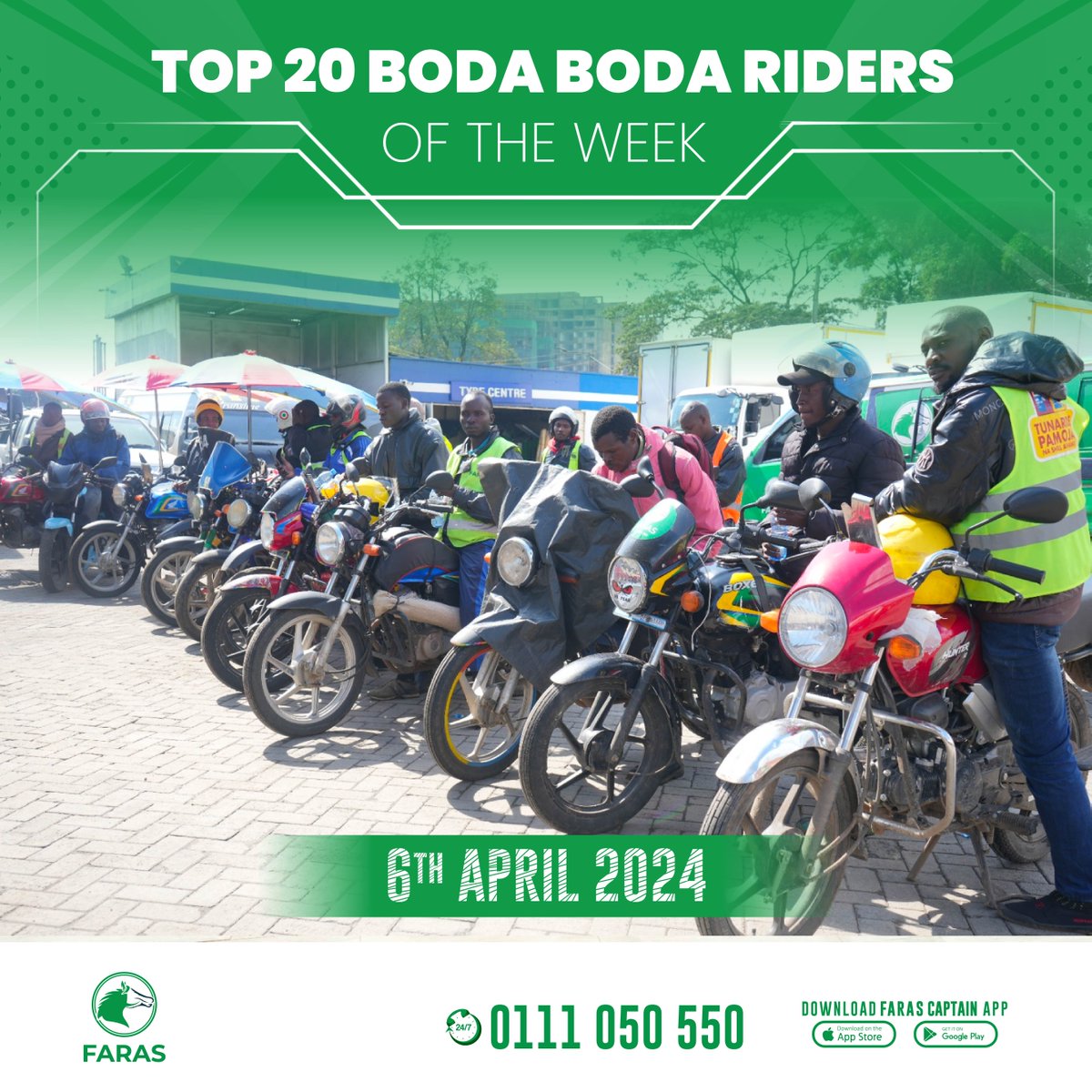 Congrats to our top 20 BodaBoda Riders! Enjoy a full tank of fuel as a token of our appreciation for your dedication and hard work. Download the Faras Captain app and register as a rider at faras.link/FarasCaptains. Join the #farasfamily and be part of the #TopTeam.