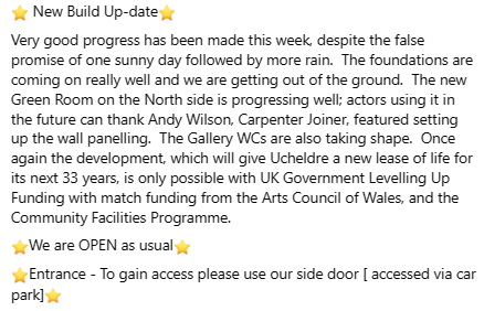 CanUcheldreCtr's tweet photo. #LevellingUp #UKGovernmentLevellingUpFund #ArtsCouncilOfWales #CommunityFacilitiesProgramme #GrosvenorConstruction #UKgovernment #NewBuildUpdate https://t.co/Lh4yuK6KWr