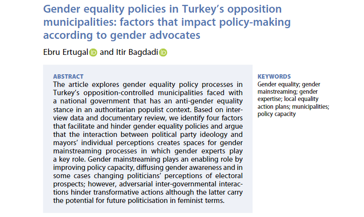 sesp_j's tweet photo. 📢NEW ARTICLE! 📢 🇹🇷

Ebru Ertugal and @ibagdadi explore how opposition controlled municipalities in #Turkey institutionalise gender equality policies in an authoritarian context after 2019 local elections

🆓FREE ACCESS NOW. Read it here 👇
 https://t.co/F6ZrcF5Lw0 https://t.co/CJngjZuypW