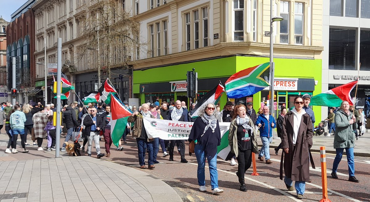 The people of Belfast are still marching in solidarity with Palestine 6 months on from the start of Israel's genocidal attack on Gaza. We demand a ceasefire now and an end to Israel's illegal siege. #StopTheGenocideOfPalestinians #Cease_fire_In_Gaza_Now