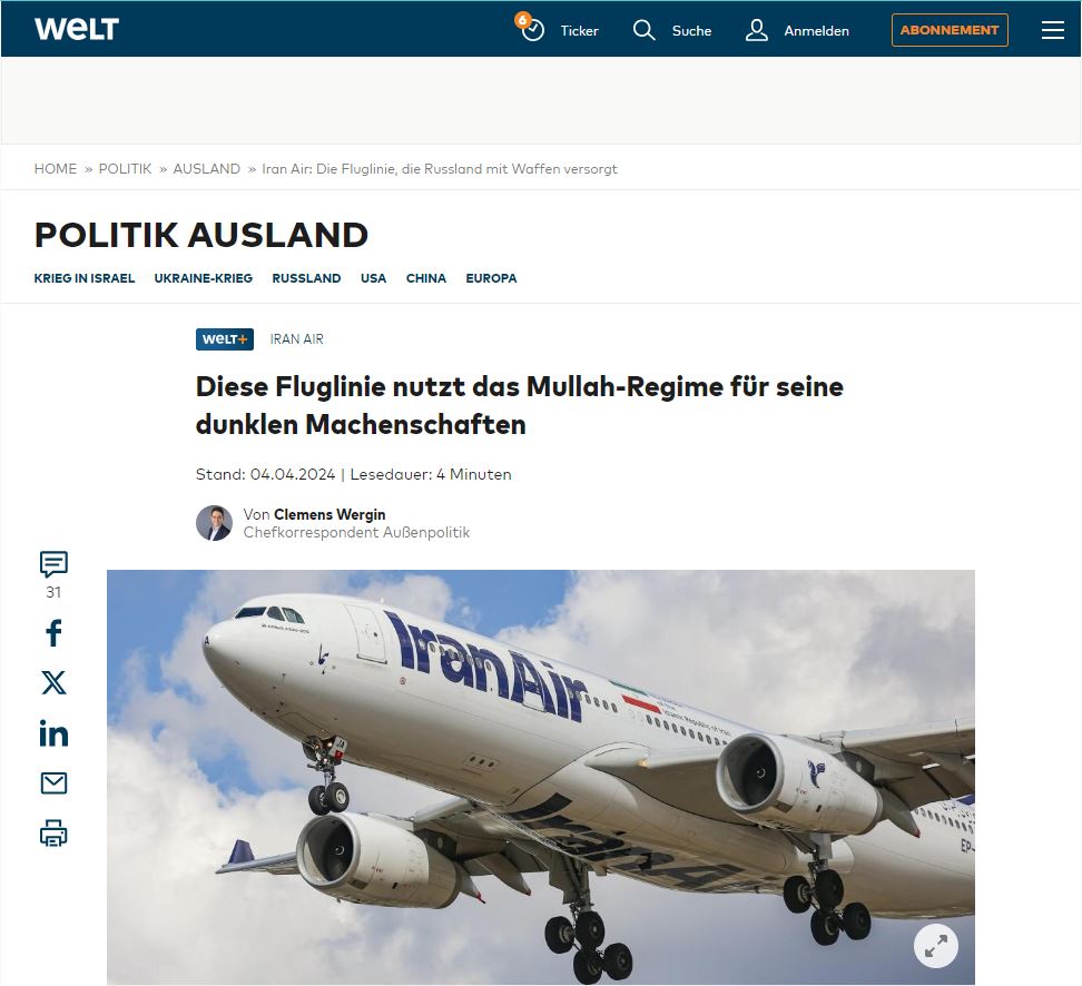 #Iran News in Brief Based on information received from NCRI, #German newspaper @welt exposes Iran Air's alleged ties to terrorism, implicating the airline in operations dating back to the 1990s. Report suggests Iran Air facilitated fund transfers & weapon shipments for…