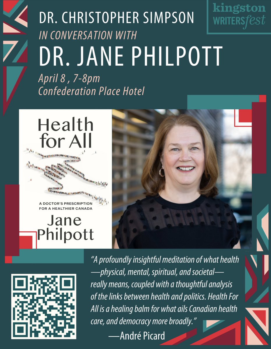 Get a virtual ticket to join Dean @janephilpott for a conversation with @Dr_ChrisSimpson about her new book, Health for All, at the Kingston Writers Fest event Monday, April 8 at 7 p.m. bit.ly/3UagmZq