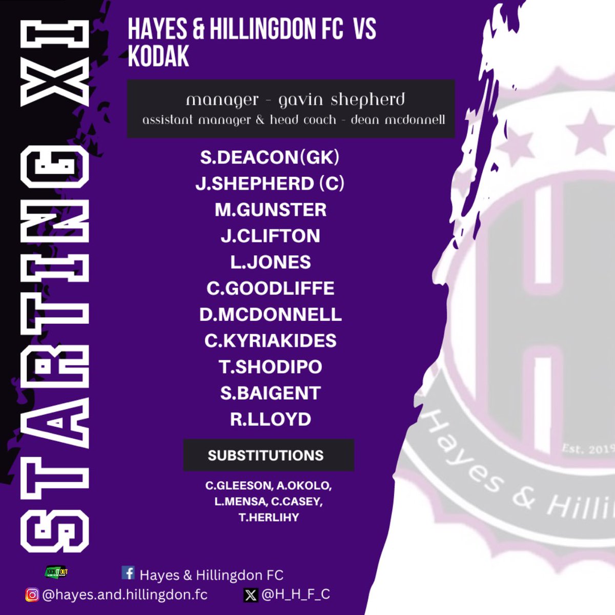 Our semi-final starting line up.. 👌🏽🏆⚽️

(Our partners; Swirles Barbers, Southbourne Electrical & Richings Sports Park) ✅🏟️🔥

#HHFC #morethanafootballclub #hayesandhillingdonfc #hhfc #starting #startinglineup #lineup #semifinal #cupgame #middlesexcounty #middxfa #MCPD 

💜🖤
