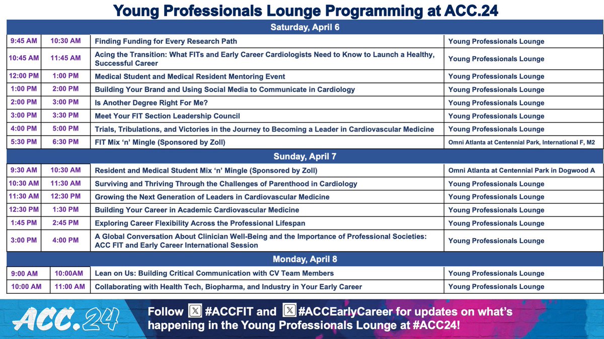 We’ve had a few last minute changes to our Young Professionals Lounge schedule - latest below! 👇🏽 We’re excited to see our #ACCFIT #ACCEarlyCareer community here all weekend, starting at 9:45a today! #ACC24