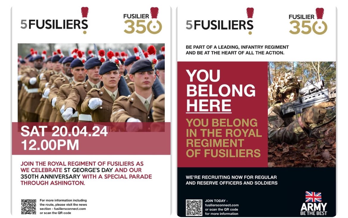 The people of Northumberland have been serving in the Royal Northumberland Fusiliers and now the Royal Regiment of Fusiliers since 1674 - we’d love to see you on Saturday 20th. #PleaseShare #stgeorgesday #ashington #blyth #cramlington #northshields #southshields