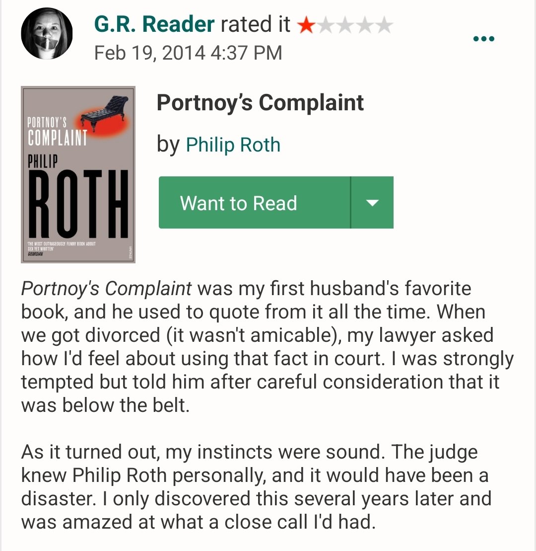 This 1 star review of Portnoy's Complaint is one of the greatest pieces of literary criticism I've ever read