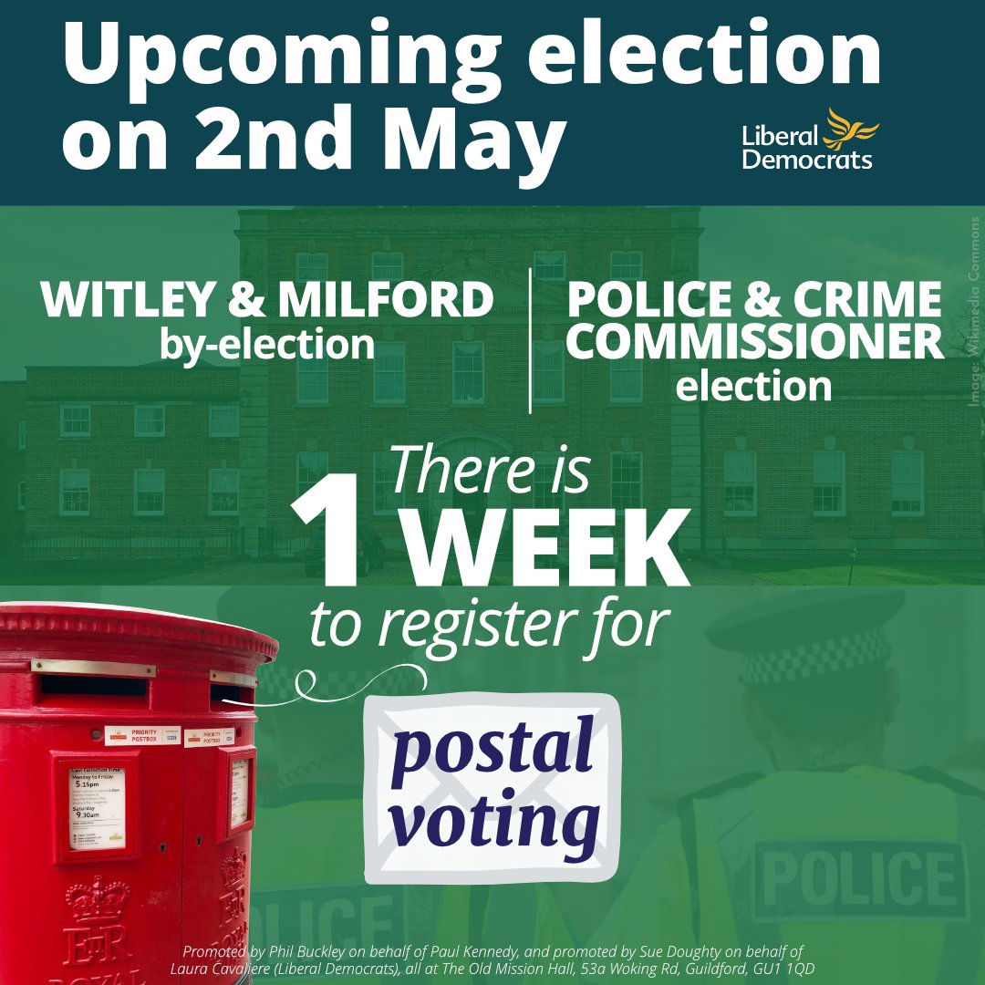 📨There is 1 WEEK left to apply for a postal vote!

If you want to vote in the upcoming #Surrey #PoliceAndCrimeCommissioner election #WitleyAndMilford by-election on the 2nd May, you can apply for a postal vote.

✍️Apply: gov.uk/apply-postal-v…

#ByElection #Waverley #postalvote
