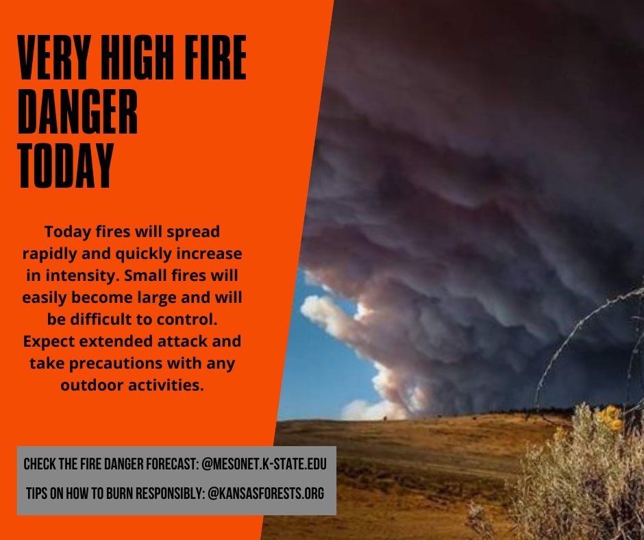 🔥The next 36 hours have the potential for rapid growth for any wildfires that ignite. High winds and low humidity will make suppressing fires challenging. Kansas Forest Service and state partners will have resources available to respond if needed.