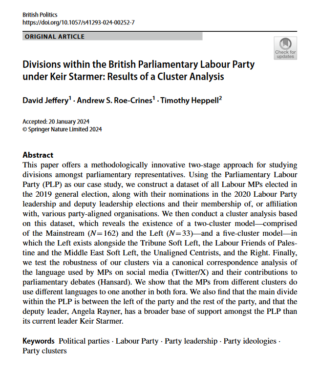 New #OpenAccess paper with @DrDavidJeffery & Tim Heppell (@POLISatLeeds) - 'Divisions within the #British Parliamentary #Labour Party under Keir #Starmer: Results of a Cluster Analysis' with British Politics (@SpringerNature). link.springer.com/article/10.105… @LivUniPol