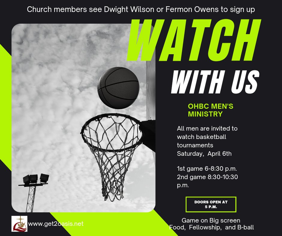 Join us today. OHBC men only! First game 6:00 p.m. get2oasis.net #get2oasis