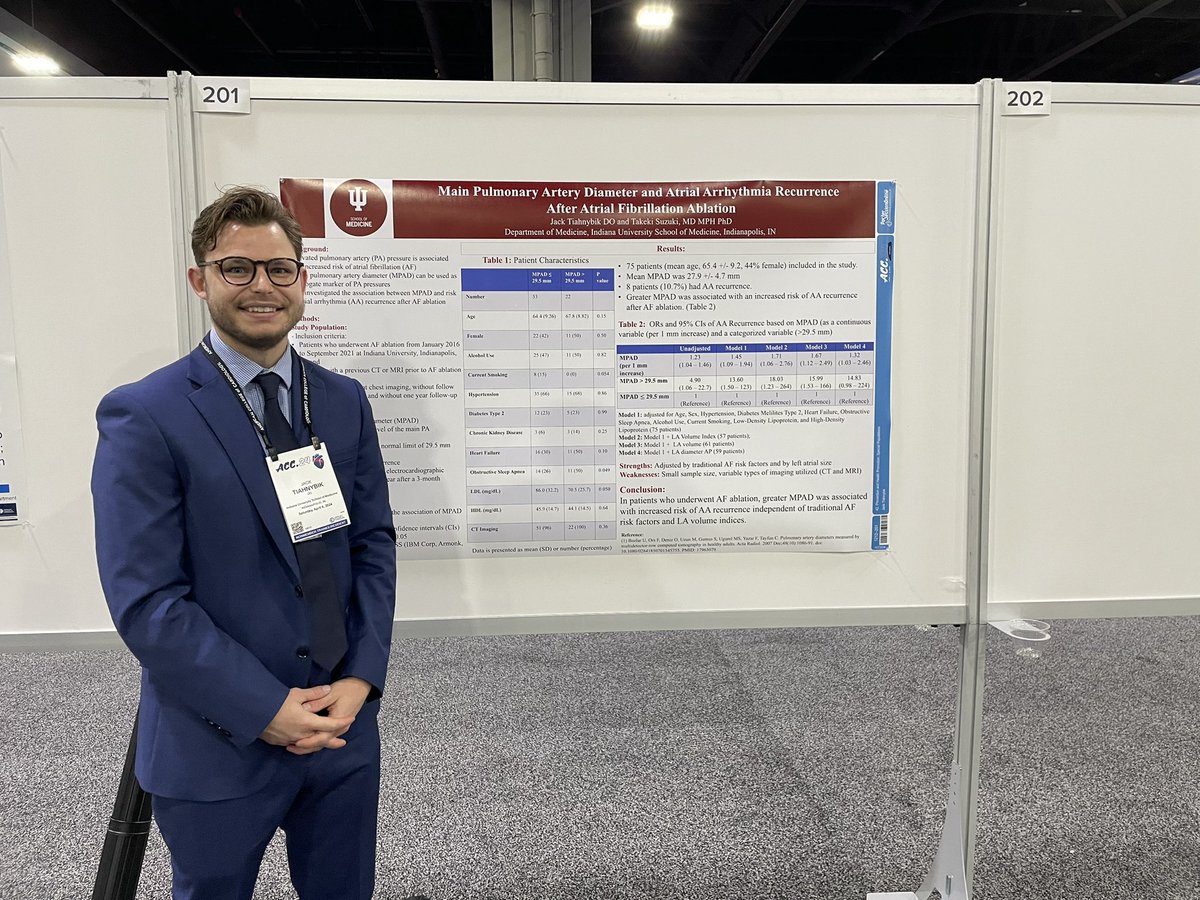 Our resident @IUIntMed, Jack Tiahnybik is presenting a poster on atrial arrhythmia recurrence post #Afib ablation. Come and join us at hall B 201! @ACCinTouch