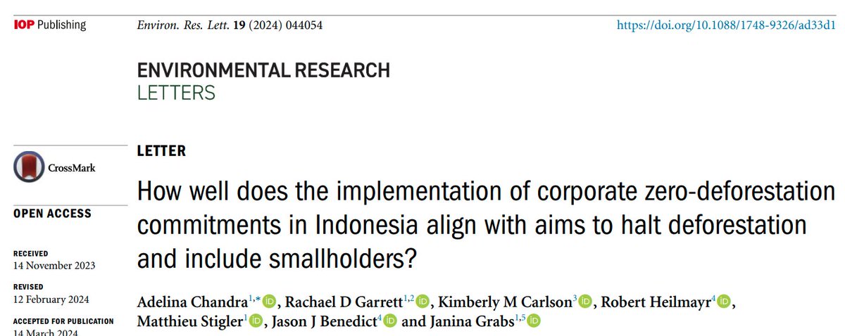 ✨ Our paper is out in @IOPenvironment. Together with @rach_gar, @JaninaGrabs, @tropicalscience, @econ_servation, Matthieu Stigler & Jason Benedict, we assessed #zerodeforestation commitments in the #palmoil🌴sector in Indonesia. doi.org/10.1088/1748-9… @CDL_at_UCAM @usys_ethzh