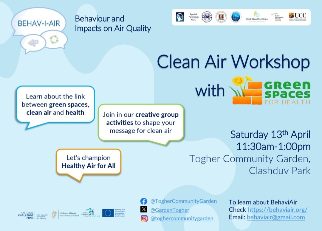 Join us for a clean air workshop on Saturday, April 13. There is no need to book. Just come along to our outdoor classroom 11.30am @greenspacescork @CorkHealthyCity @CorkFoodPolicy @corkcitycouncil @SHEP_Ireland @CommunityGrdns #toghercommunitygarden