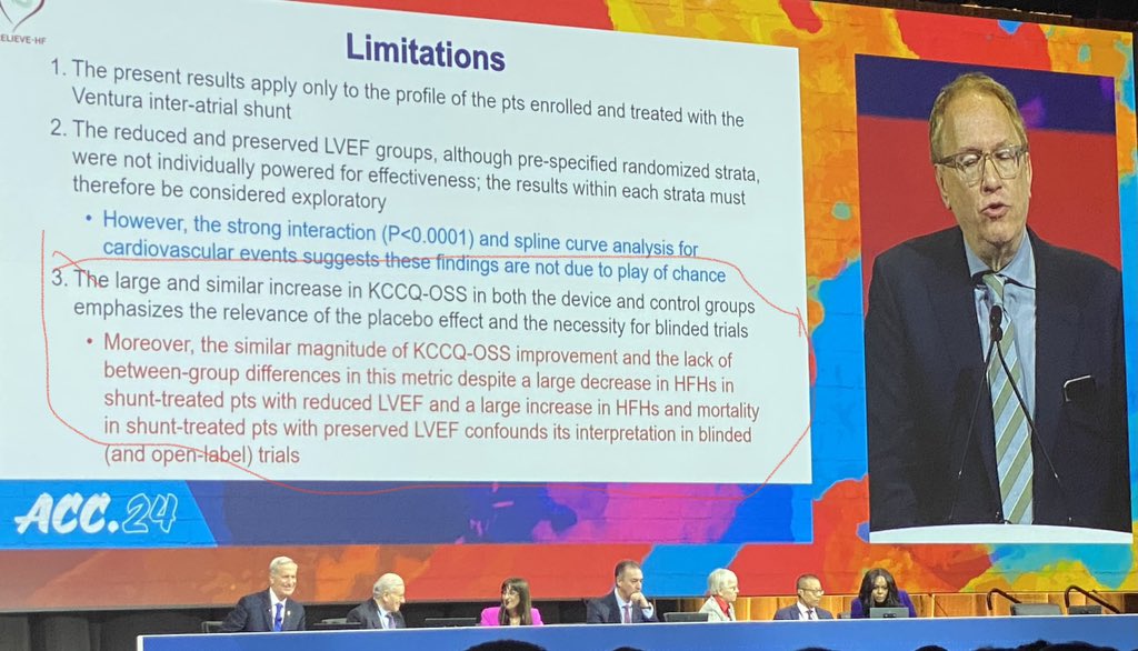 The fact that the KCCQ score improved in the preserved EF group in the RELIEVE-HF trial, despite having a higher death rate makes us question the validity of this endpoint. It makes me also question the validity of the Triluminate trial #ACC24 @drjohnm