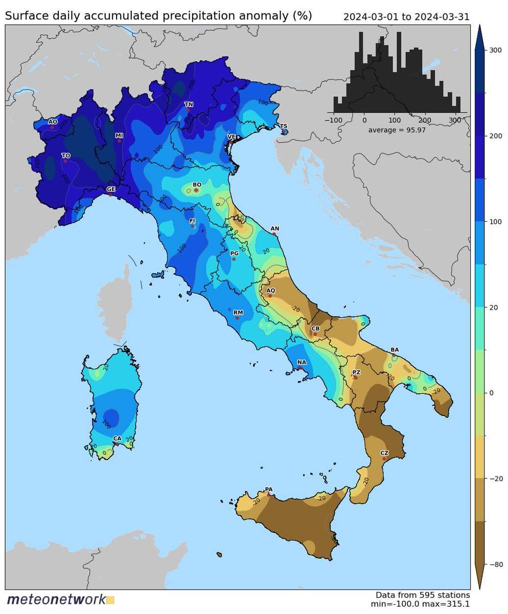 Anomalie della pioggia registrata dalla rete stazioni Meteonetwork per il mese di marzo. Le regioni settentrionali hanno visto moltissima pioggia che è stata frutto del passaggio di molte perturbazioni particolarmente attive su questo settore d'Italia. Al sud condizioni siccitose