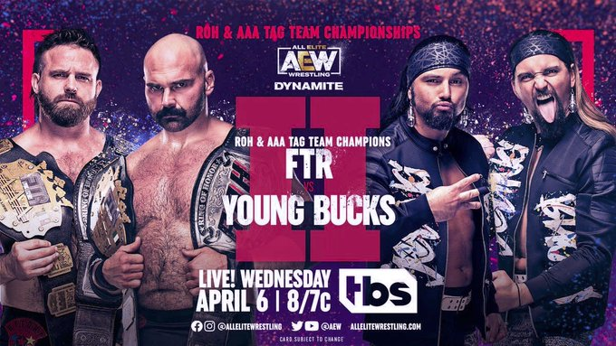 4/6/2022

FTR defeated The Young Bucks to retain the ROH & AAA Tag Team Championships on Dynamite from the Agganis Arena in Boston, Massachusetts.

#AEW #AEWDynamite #FTR #CashWheeler #DaxHarwood #TheYoungBucks #NickJackson #MattJackson  #ROHWorldTagTeamChampionship