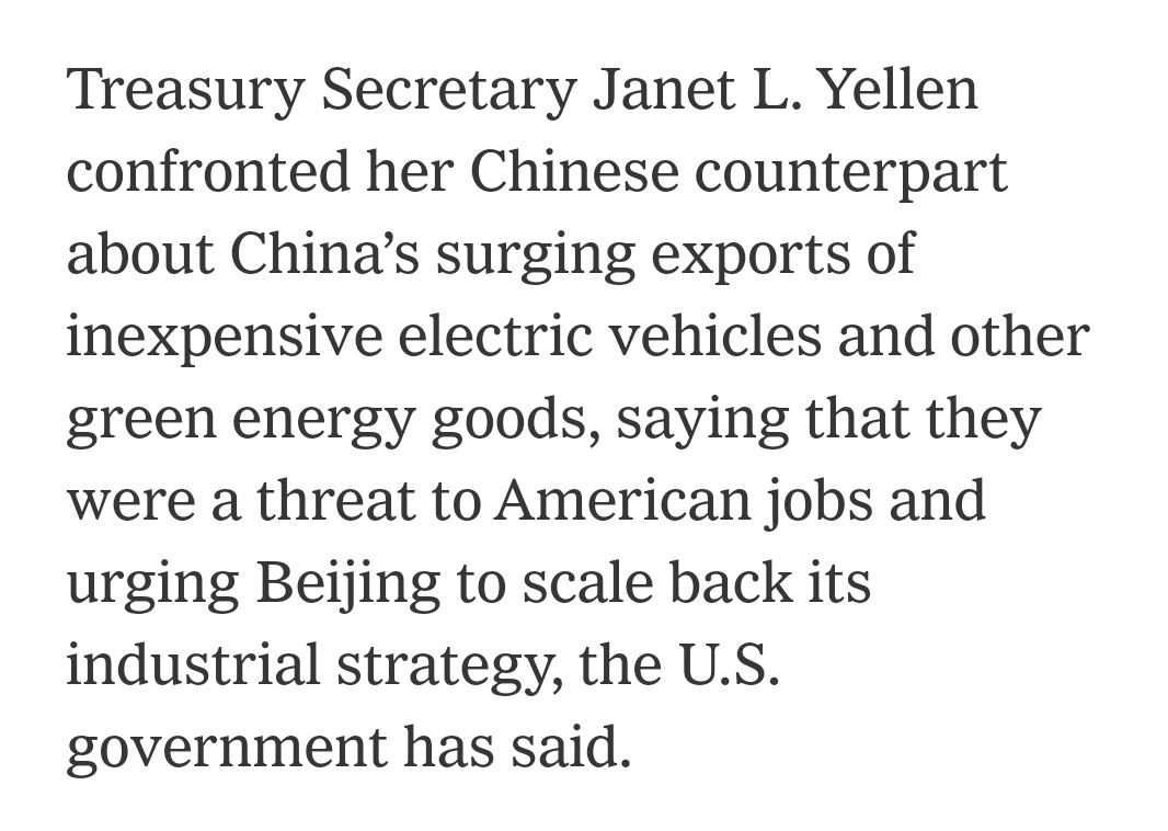 Isn't what Secretary Yellen complaining about here -- the widescale subsidization of domestic green industries -- the centerpiece of the Biden administration's accomplishments? I'm genuinely confused how we can lodge any honest complaint about another government doing the same.