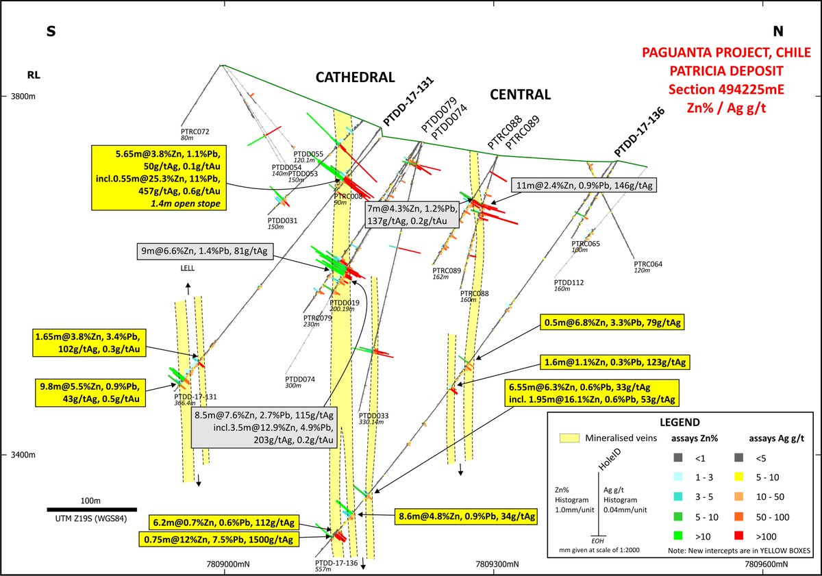A cross-section of our intermediate sulphidation epithermal system at #Paguanta in #Chile. 

The Cathedral &amp; Central areas make up part of the resource of 2.4Mt @ 88g/t #silver, 5.0% #zinc and 1.4% #lead for 6.8Moz ag, 265Mlb zn and 74Mlb pb

18.2m ounce AgEq! Open at depth!