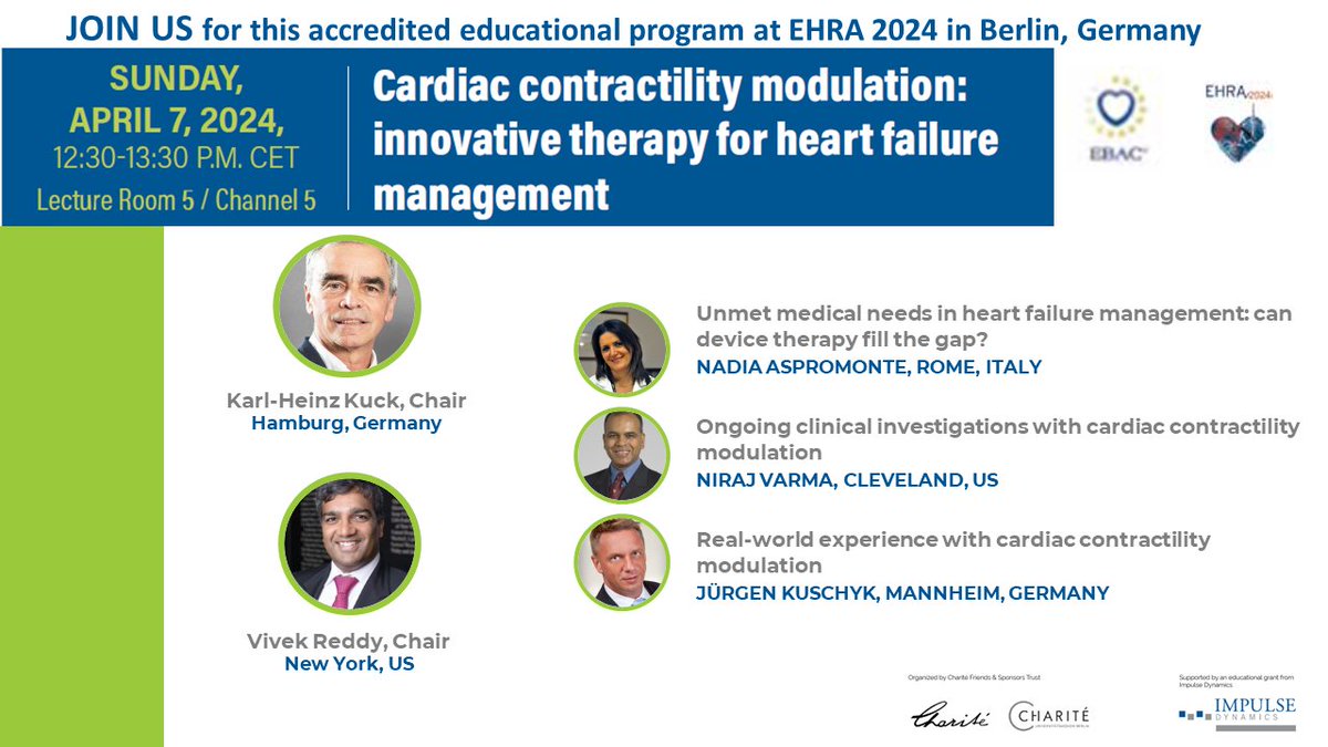 EHRA attendees! Join us tomorrow for this accredited educational program at EHRA 2024. See you at 12:30pm CET in Lecture Room 5!

#ehra2024 #medicaldevices #heartfailure #CCM #epeeps #ImpulseDynamics