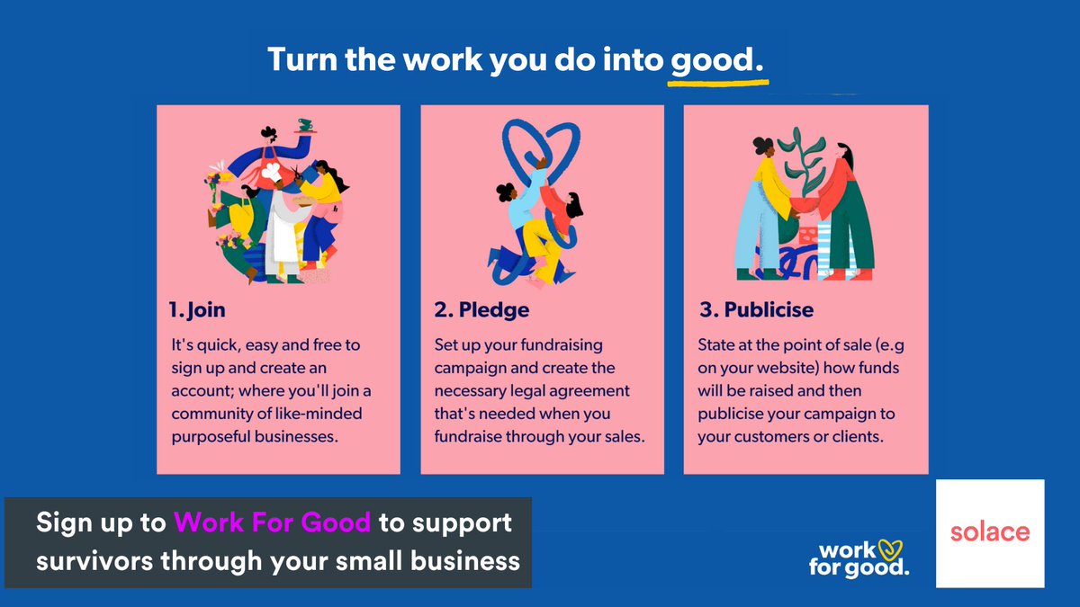 SolaceWomensAid's tweet image. Turn the work you do into good. Your business can have a powerful &amp;amp; positive impact, whatever your size. Fundraise through your sales via @workforgooduk &amp;amp; you can support Solace in a way that's easy &amp;amp; sustainable for your business. Sign up now workforgood.co.uk/charities/sola… #WorkForGood