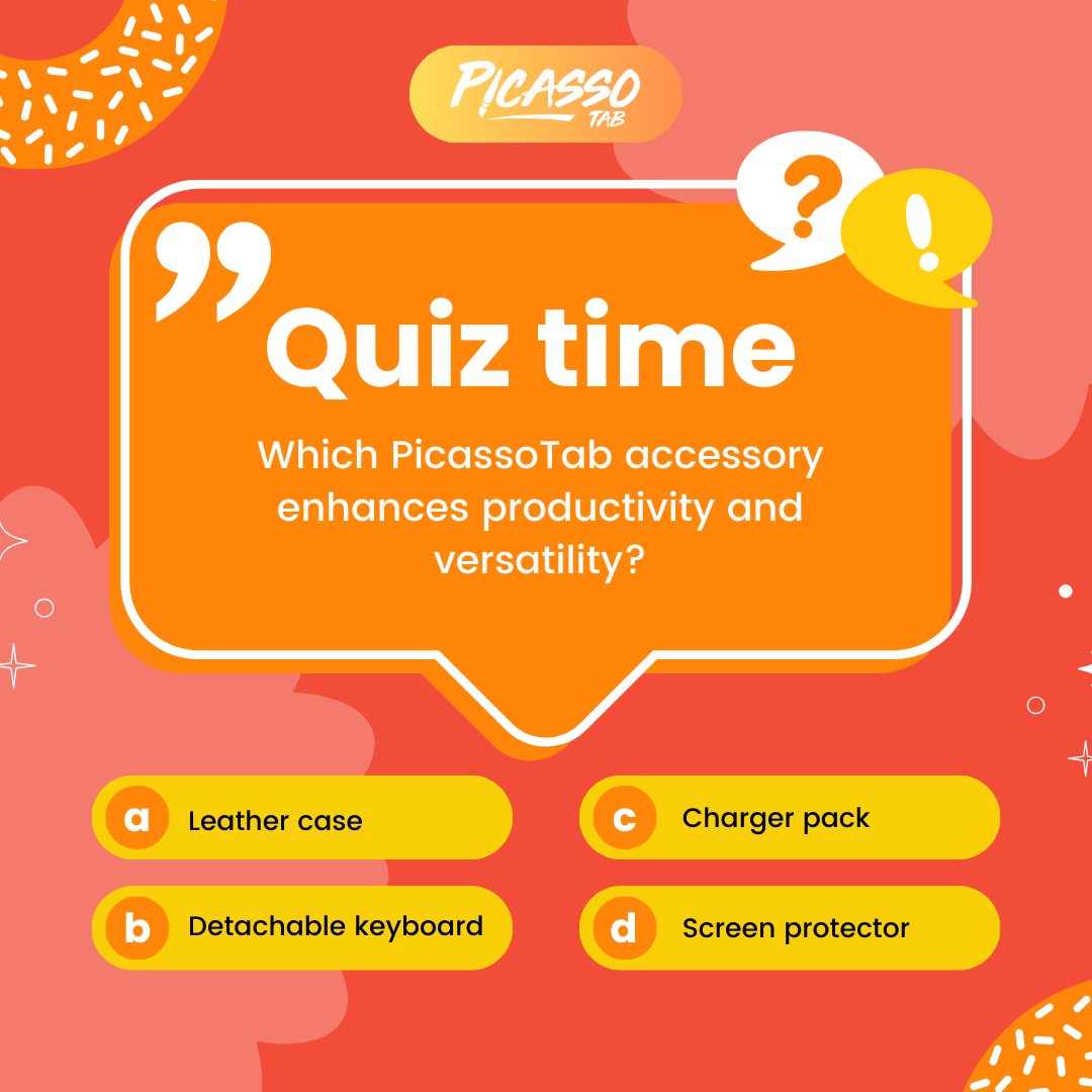 SimbansDotCom's tweet image. Test your PicassoTab knowledge with our quiz! 📝 Which accessory boosts productivity and versatility? Comment your answer below! 

Don&apos;t forget to use #picassotab for a chance to be featured on our page.📸👀

simbans.com/products/picas…
.
.
.
#picassotab #quiztime #techtrivia