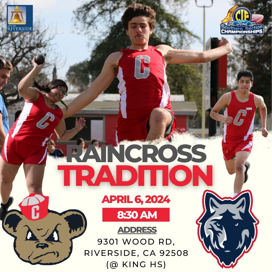csdrathletics's tweet photo. Raincross Tradition Track Meet! 🏃‍♀️

Calling all track and field fans! 📣 Today is the day for Riverside's premier track meet of the year: the Raincross Tradition Track Meet!

#CSDRNation | #TrackField | #Riverside | #CIFSS https://t.co/YQAGn2AQuB
