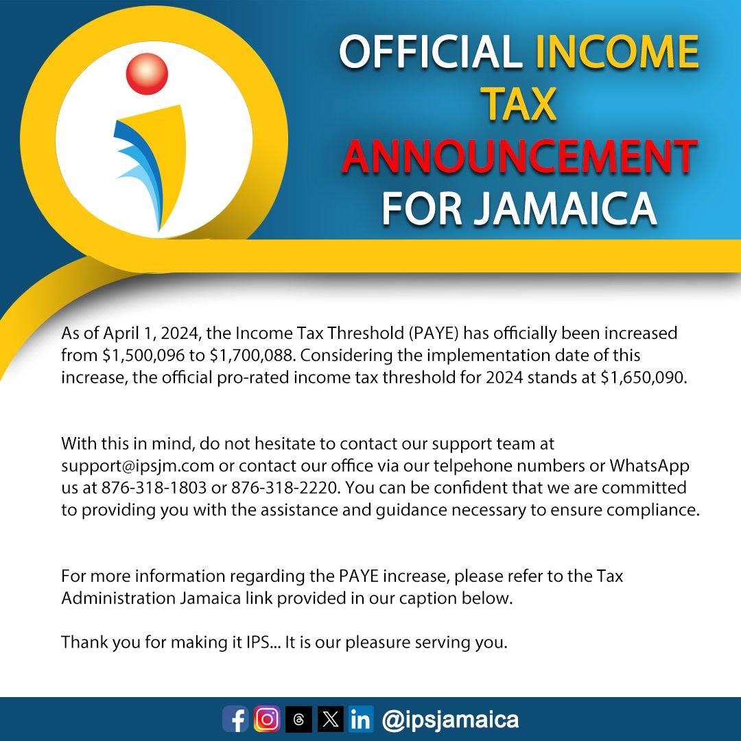 ipsjamaica's tweet photo. Income tax threshold increased!

To update your payroll accordingly, access our June_2016 newsletter: https://t.co/yE8JogznEQ

For more details visit Tax Administration Jamaica: https://t.co/wcOf2ZWrH9
#TaxUpdates #Jamaica #IPSCares #PayrollMatters #PayrollExperts https://t.co/bGh5nL2Ws7