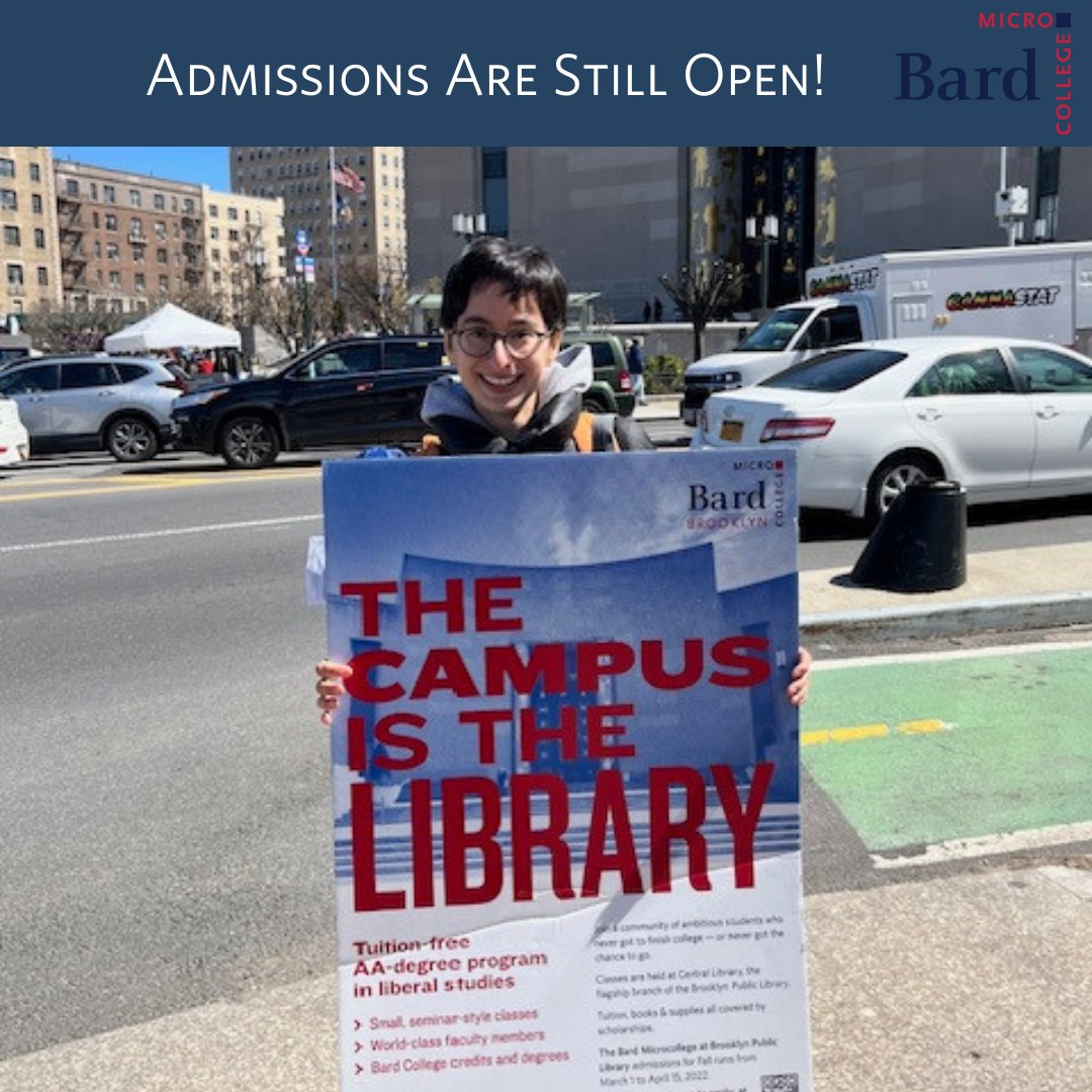 BPIBard's tweet photo. It’s the last week to apply for our full-tuition-scholarship associate degree program at Bard Microcolleges in NYC! https://t.co/ljRbTBrKNj #BardMicrocollege #TuitionFree #BardCollege #brooklynlibrary #NYPL #associatedegree #Harlem #Brooklyn https://t.co/3wRXuPEuwa