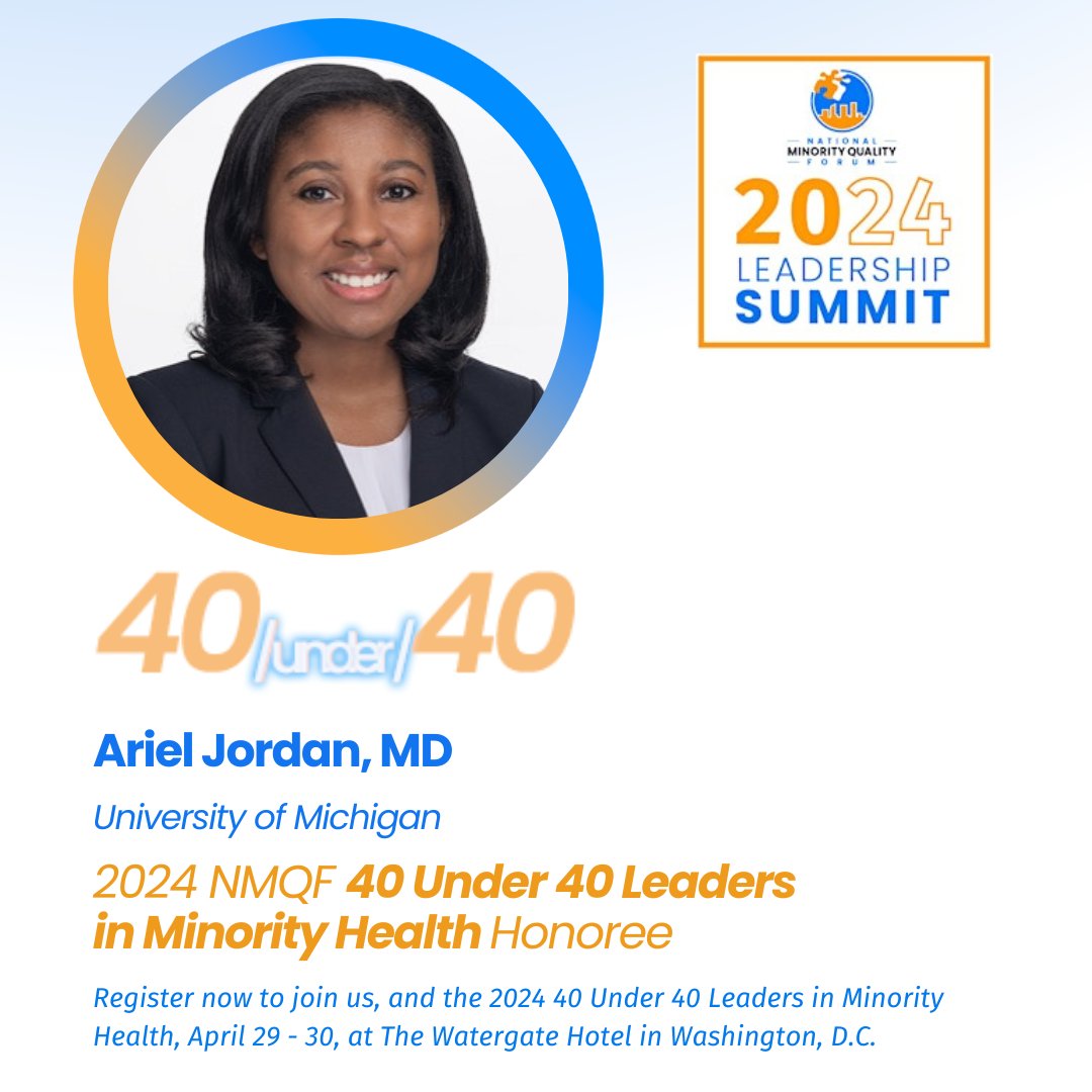 Please welcome Ariel Jordan, MD, one of our 2024 #NMQF40Under40 Honorees! Learn more about the NMQF Leaders in Minority Health Awards. nmqf.org/40-under-40/ #NMQFSummit24 @ariel_jordan22 @UMich