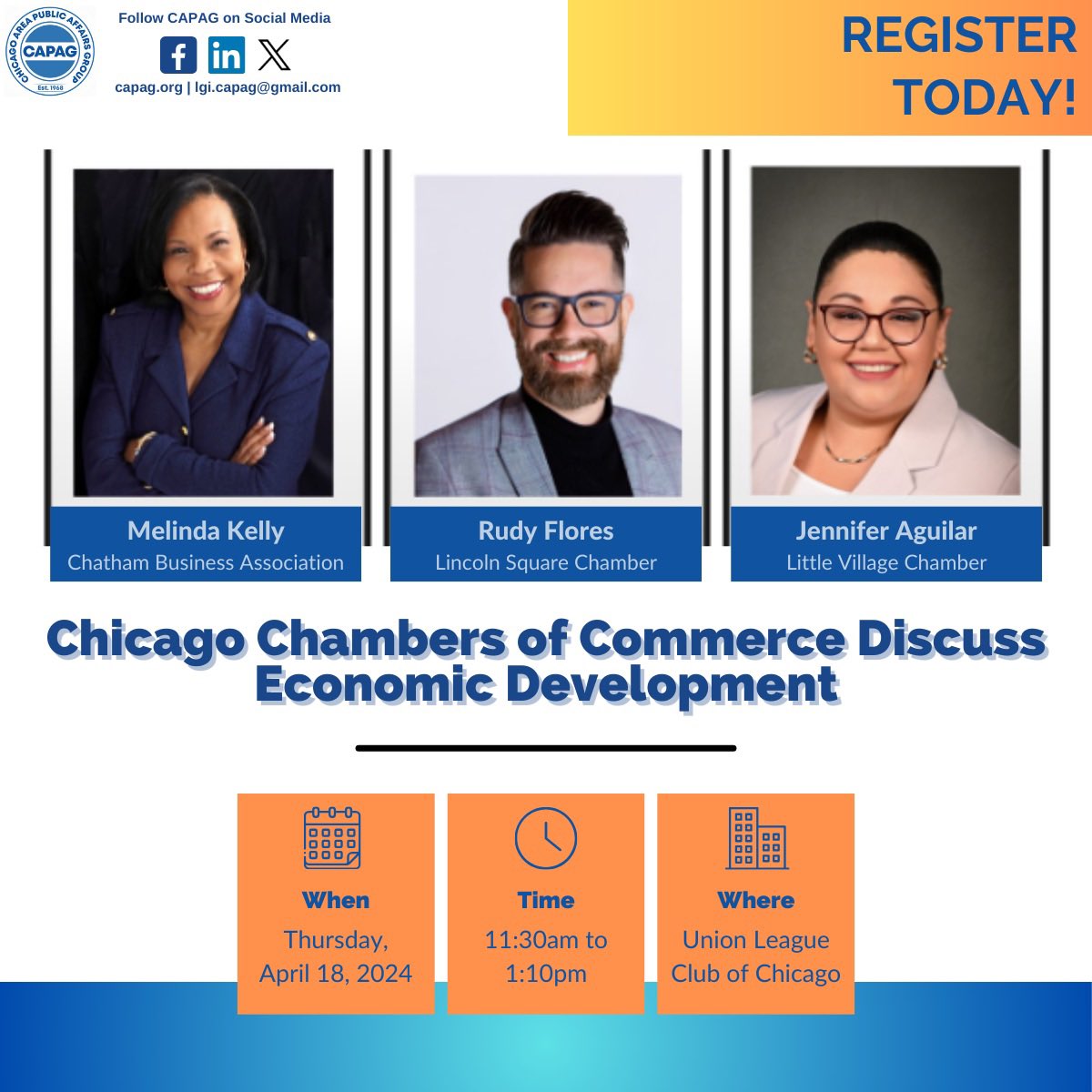 CAPAG (@capagsays) on Twitter photo Join our conversation with the leaders of the Little Village and Lincoln Square Ravenswood Chambers of Commerce: Melinda Kelly, Jennifer Aguilar and Rudy Flores about neighborhood economic development. 
#economicdevelopment #CAPAGprofessionals #publicaffairs #planning Join our conversation with the leaders of the Little Village and Lincoln Square Ravenswood Chambers of Commerce: Melinda Kelly, Jennifer Aguilar and Rudy Flores about neighborhood economic development. 
#economicdevelopment #CAPAGprofessionals #publicaffairs #planning