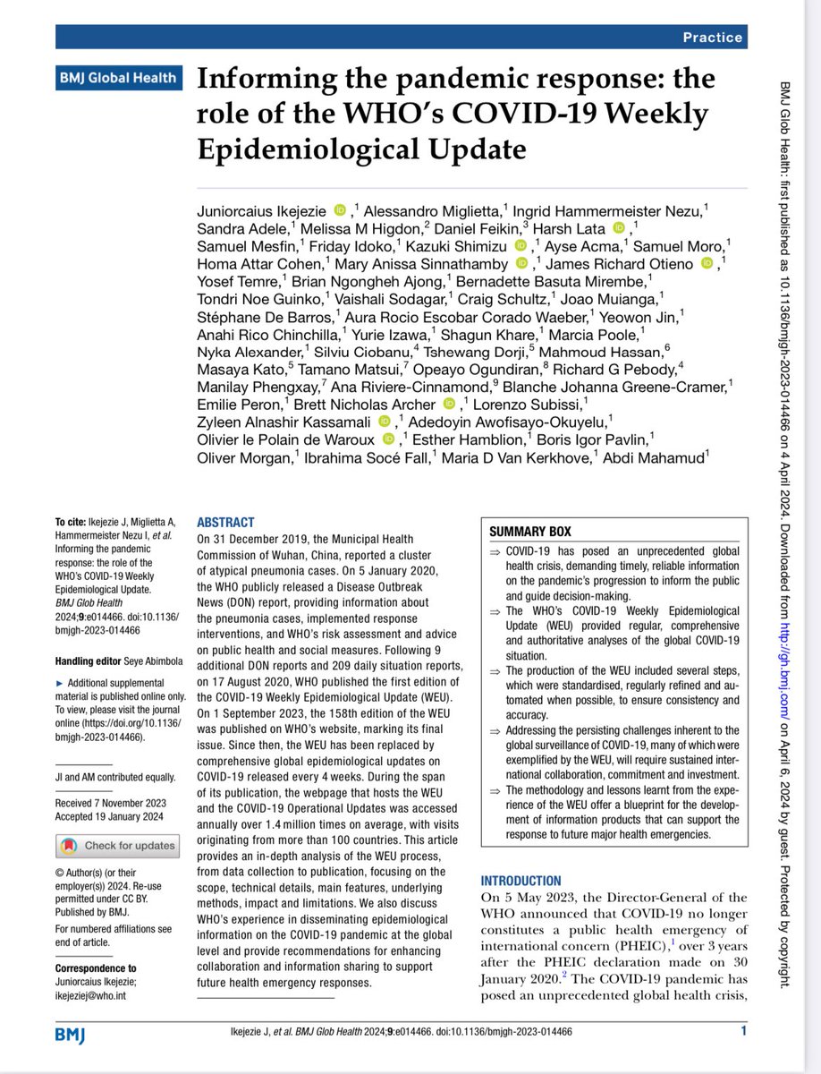 During the #COVID19 pandemic, @WHO published a Weekly Epidemiological Update that provided vital insights for the response In @GlobalHealthBMJ paper led by @caius_ikejezie with WHO HQ & regional colleagues, they assess its impact & lessons for the future gh.bmj.com/content/bmjgh/…